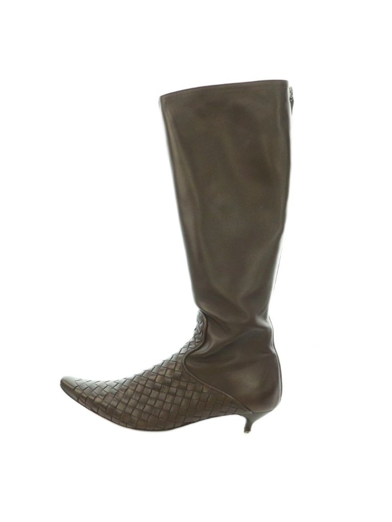 Bottega Veneta Intrecciato Long Boots Pointed Toe Low Heels Leather One Color